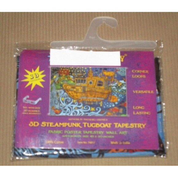 New 45x30 Steampunk Tugboat Tapestry Psychedelic Wall Hanging Decor Ocean Floor - Picture 2 of 2